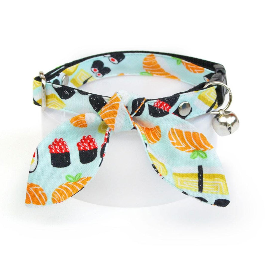 Cat Collar & Bunny Ear Bow Set - "Sushi Date" - Japanese Food Sushi Cat Collar w/ Matching Bunny Bow Tie / Cat, Kitten + Small Dog Sizes
