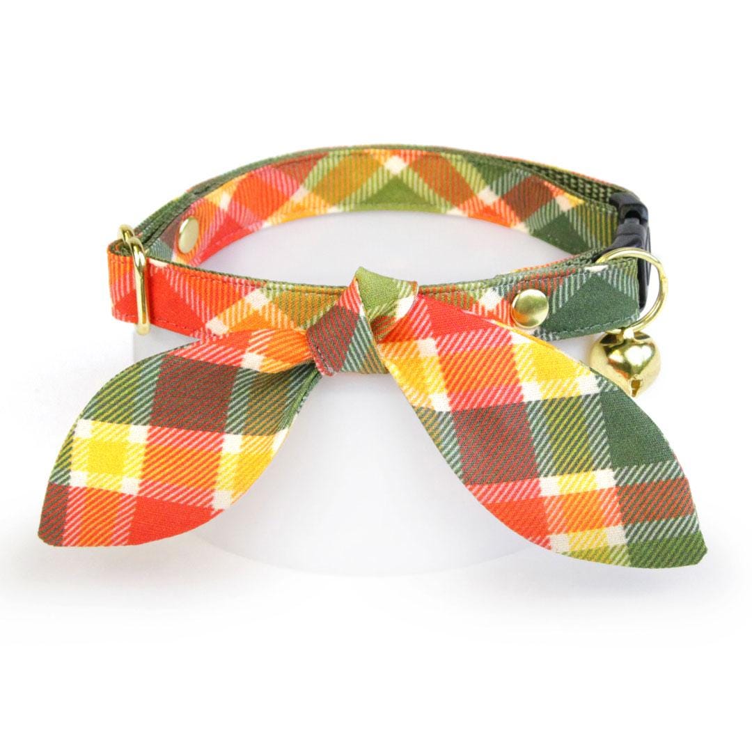 Cat Collar & Bunny Ear Bow Set - "Apple Crisp" - Red Yellow & Green Plaid Cat Collar w/ Matching Bunny Bow Tie / Fall + Thanksgiving / Cat, Kitten + Small Dog Sizes