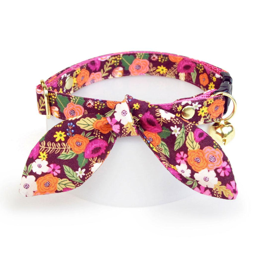 Cat Collar & Bunny Ear Bow Set - "Harvest Wine" - Floral Burgundy Cat Collar w/ Matching Bunny Bow Tie / Fall + Thanksgiving / Cat, Kitten + Small Dog Sizes