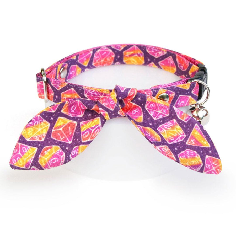 Cat Collar & Bunny Ear Bow Set - "Magic Dice - Magenta" - DnD Cat Collar w/ Matching Bunny Bow Tie / D20 Dungeons and Dragons D&D  / Cat, Kitten + Small Dog Sizes