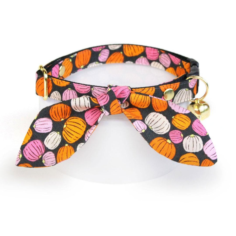 Cat Collar & Bunny Ear Bow Set - "Pumpkin Toss" - Orange Pink Pumpkin Cat Collar w/ Matching Bunny Bow Tie / Fall + Halloween / Cat, Kitten + Small Dog Sizes