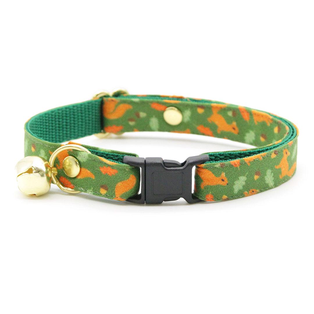 Bow Tie Cat Collar Set - "Squirrel Bounty" - Acorn Green Squirrel Cat Collar with Bow Tie / Fall, Nature Lover / Cat, Kitten, Small Dog Sizes