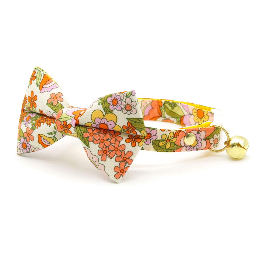 Bow Tie Cat Collar Set - "Groovy Garden" - Yellow Orange Retro Floral Cat Collar with Bow Tie / Cat, Kitten, Small Dog Sizes