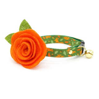 Fall Cat Collar + Flower Set - "Squirrel Bounty" - Acorn Green Squirrel Cat Collar w/ Orange Felt Flower (Detachable) / Cat, Kitten + Small Dog Sizes - Adult Cat (8-13) / Breakaway / Gold