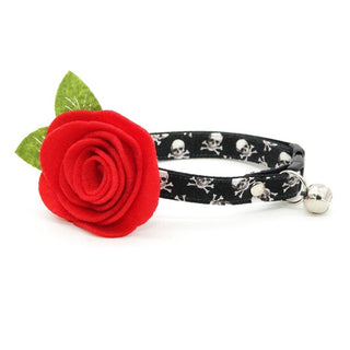 Pirate Cat Collar + Flower Set - "Misfit" - Skull Cat Collar w/ Scarlet Red Felt Flower (Detachable) / Cat, Kitten + Small Dog Sizes - Adult Cat (8-13) / Breakaway / Silver