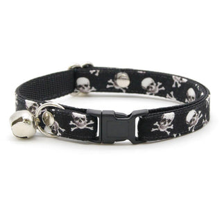 Cat Collar - "Misfit" - Black Pirate Skull Cat Collar / Halloween, Biker, Cool / Breakaway Buckle or Non-Breakaway / Cat, Kitten + Small Dog Sizes - Kitten (6-10) / Breakaway / Silver