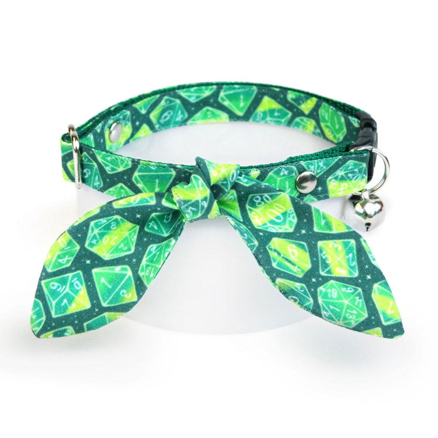 Cat Collar & Bunny Ear Bow Set - "Magic Dice - Green" - DnD Cat Collar w/ Matching Bunny Bow Tie / D20 Dungeons and Dragons D&D  / Cat, Kitten + Small Dog Sizes