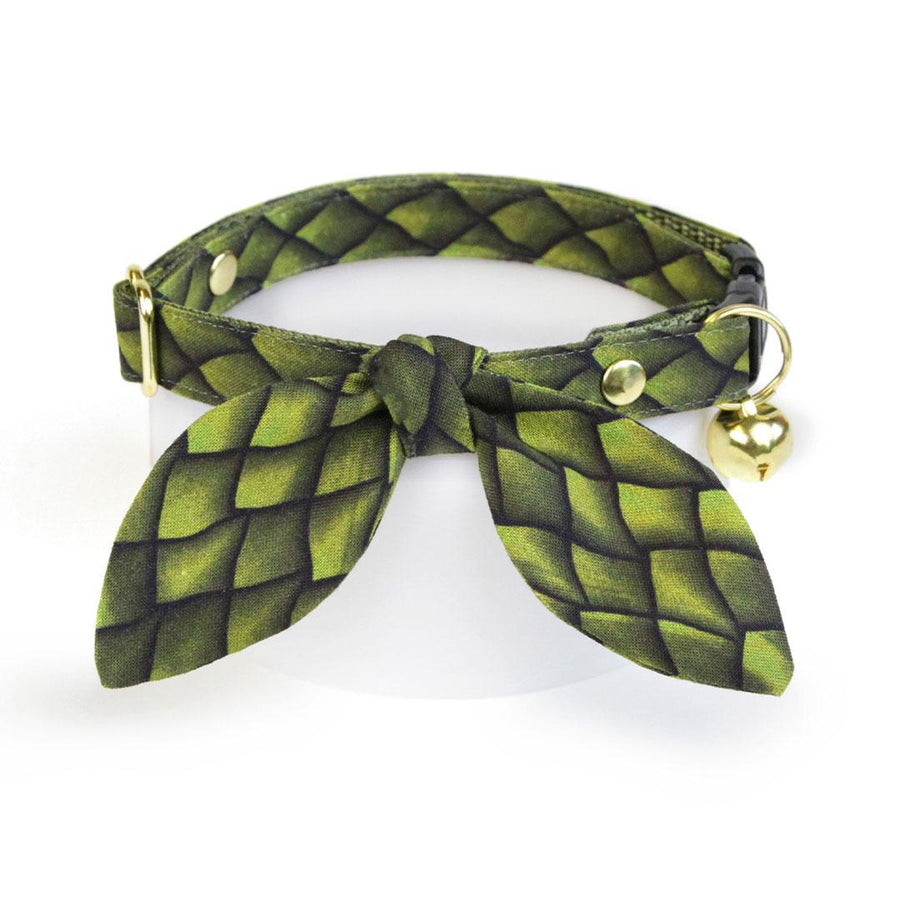 Cat Collar & Bunny Ear Bow Set - "Dragon Scales - Green" - Fantasy Dragon Cat Collar w/ Matching Bunny Bow Tie / Game of Thrones, Snake / Cat, Kitten + Small Dog Sizes