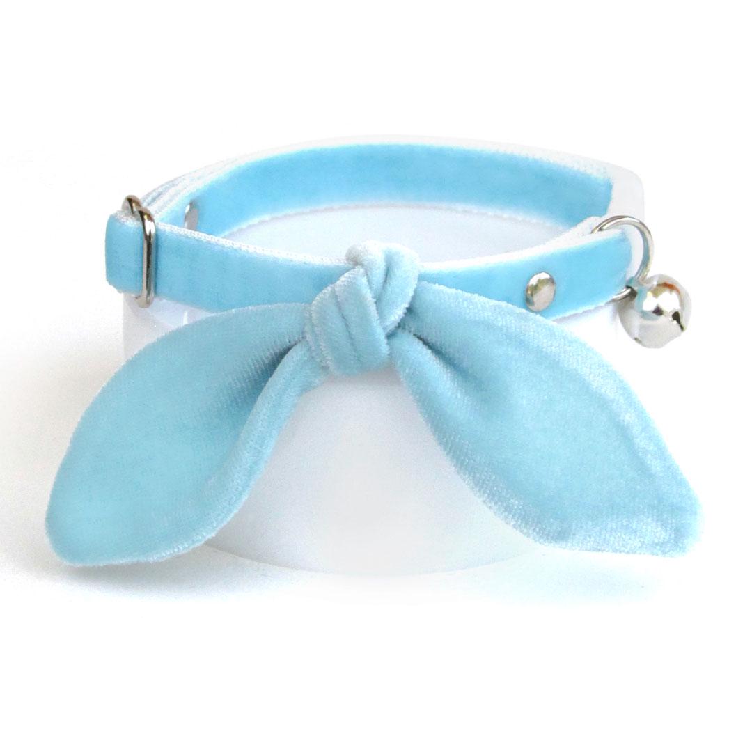Cat Collar & Bunny Ear Bow Set - "Velvet - Frosty Blue" - Light Blue Velvet Cat Collar w/ Matching Bunny Bow Tie / Wedding + Birthday / Cat, Kitten + Small Dog Sizes
