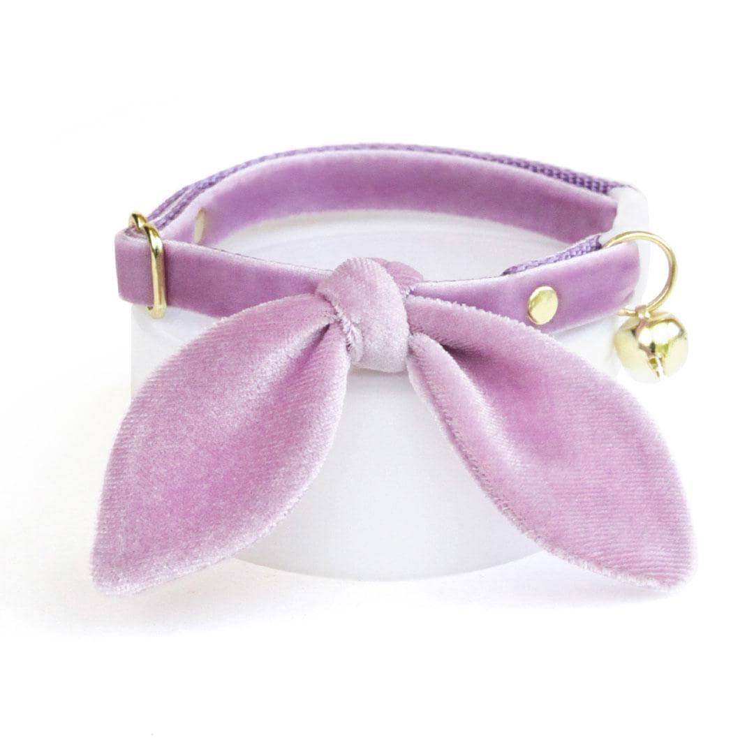 Cat Collar & Bunny Ear Bow Set - "Velvet - Lavender" - Lilac Light Purple Velvet Cat Collar w/ Matching Bunny Bow Tie / Wedding + Birthday / Cat, Kitten + Small Dog Sizes