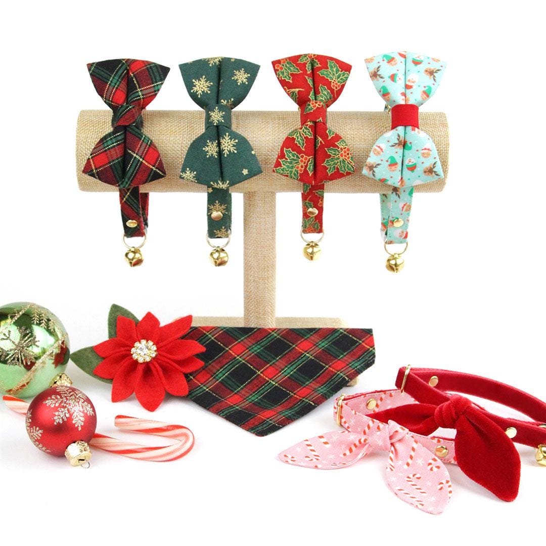 Holiday Cat Bow Tie - "Candy Christmas" - Pink Candy Cane Bow Tie for Cat / Christmas / Cat + Small Dog Bowtie