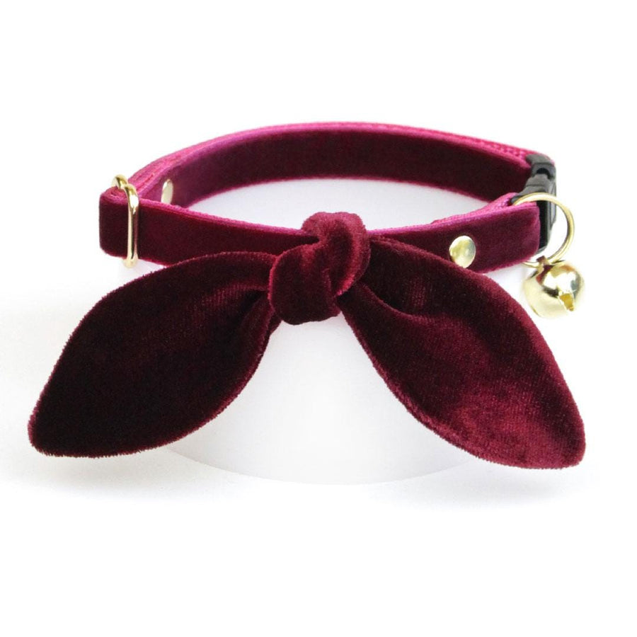 Cat Collar & Bunny Ear Bow Set - "Velvet - Merlot" - Burgundy Wine Velvet Cat Collar w/ Matching Bunny Bow Tie / Wedding + Birthday / Cat, Kitten + Small Dog Sizes