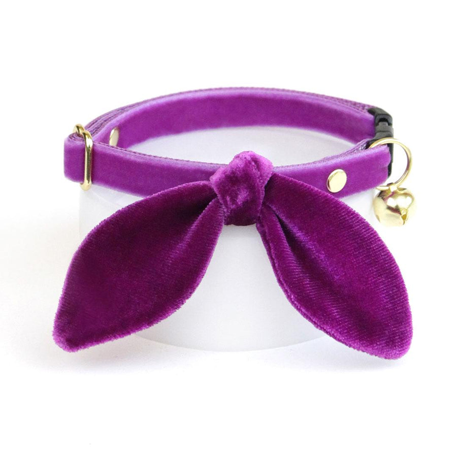 Cat Collar & Bunny Ear Bow Set - "Velvet - Orchid" -  Vibrant Purple Velvet Cat Collar w/ Matching Bunny Bow Tie / Wedding + Birthday / Cat, Kitten + Small Dog Sizes