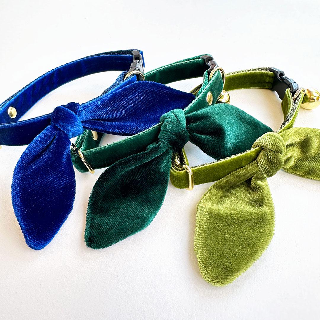 Cat Collar & Bunny Ear Bow Set - "Velvet - Sapphire Blue" - Luxe Cobalt Blue Velvet Cat Collar w/ Matching Bunny Bow Tie / Wedding + Birthday / Cat, Kitten + Small Dog Sizes