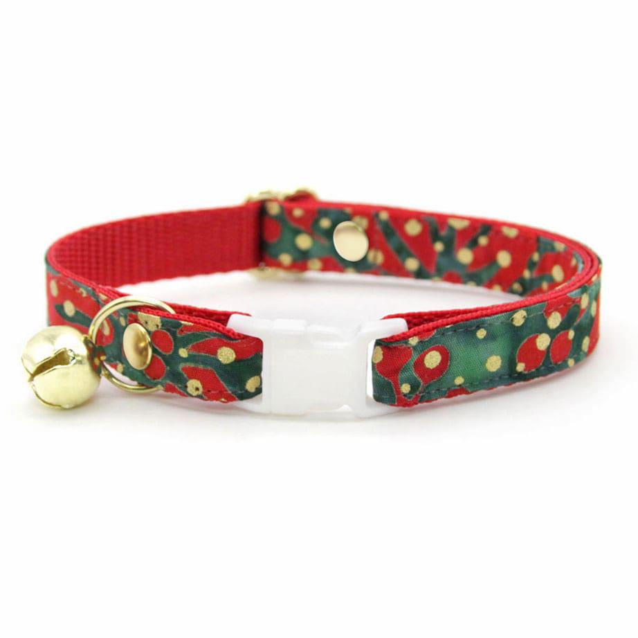 Cat Collar & Bunny Ear Bow Set - "Joy" - Gold Metallic Dots on Green & Red Holiday Cat Collar w/ Matching Bunny Bow Tie / Christmas / Cat, Kitten + Small Dog Sizes