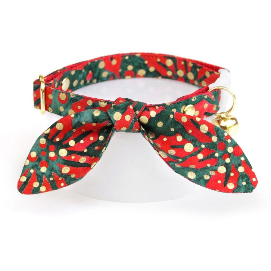 Cat Collar & Bunny Ear Bow Set - "Joy" - Gold Metallic Dots on Green & Red Holiday Cat Collar w/ Matching Bunny Bow Tie / Christmas / Cat, Kitten + Small Dog Sizes