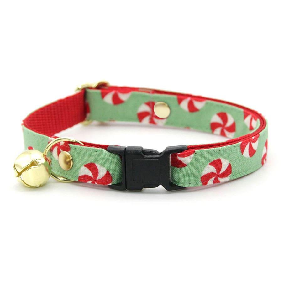 Cat Collar & Bunny Ear Bow Set - "Peppermint Twist" - Christmas Red & Green Holiday Cat Collar w/ Matching Bunny Bow Tie / Cat, Kitten + Small Dog Sizes