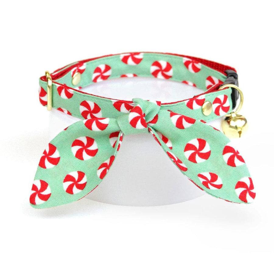 Cat Collar & Bunny Ear Bow Set - "Peppermint Twist" - Christmas Red & Green Holiday Cat Collar w/ Matching Bunny Bow Tie / Cat, Kitten + Small Dog Sizes