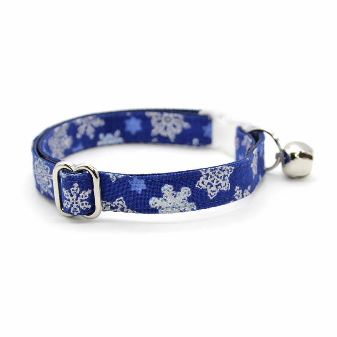 Cat Collar & Bunny Ear Bow Set - "Shimmering Snowflakes - Blue" - Silver & Blue Winter Holiday Cat Collar w/ Matching Bunny Bow Tie / Solstice / Cat, Kitten + Small Dog Sizes