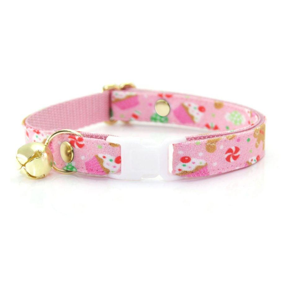 Cat Collar & Bunny Ear Bow Set - "Sugar & Spice" - Pink Candy Gingerbread Holiday Cat Collar w/ Matching Bunny Bow Tie / Christmas / Cat, Kitten + Small Dog Sizes