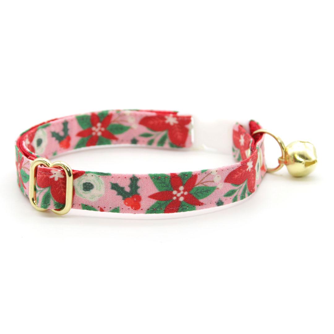 Cat Collar & Bunny Ear Bow Set - "Winter Blooms - Pink" - Holiday Floral Poinsettia Cat Collar w/ Matching Bunny Bow Tie / Christmas / Cat, Kitten + Small Dog Sizes