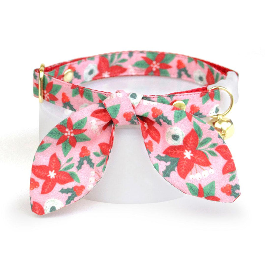 Cat Collar & Bunny Ear Bow Set - "Winter Blooms - Pink" - Holiday Floral Poinsettia Cat Collar w/ Matching Bunny Bow Tie / Christmas / Cat, Kitten + Small Dog Sizes