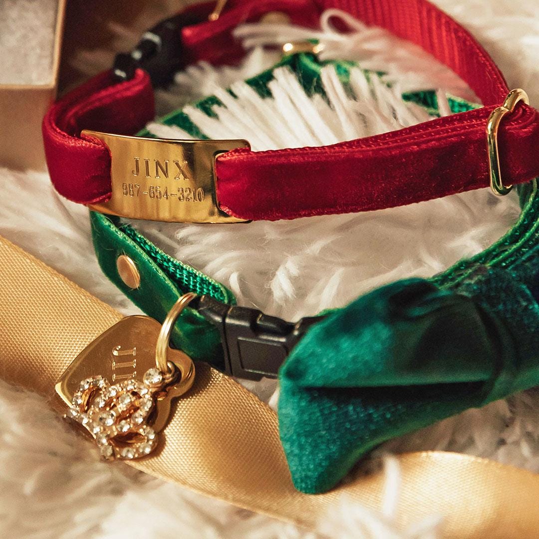 Cat Collar & Bunny Ear Bow Set - "Velvet - Hunter Green" - Dark Green Velvet Cat Collar w/ Matching Bunny Bow Tie / Christmas, Holiday, Wedding + Birthday / Cat, Kitten + Small Dog Sizes