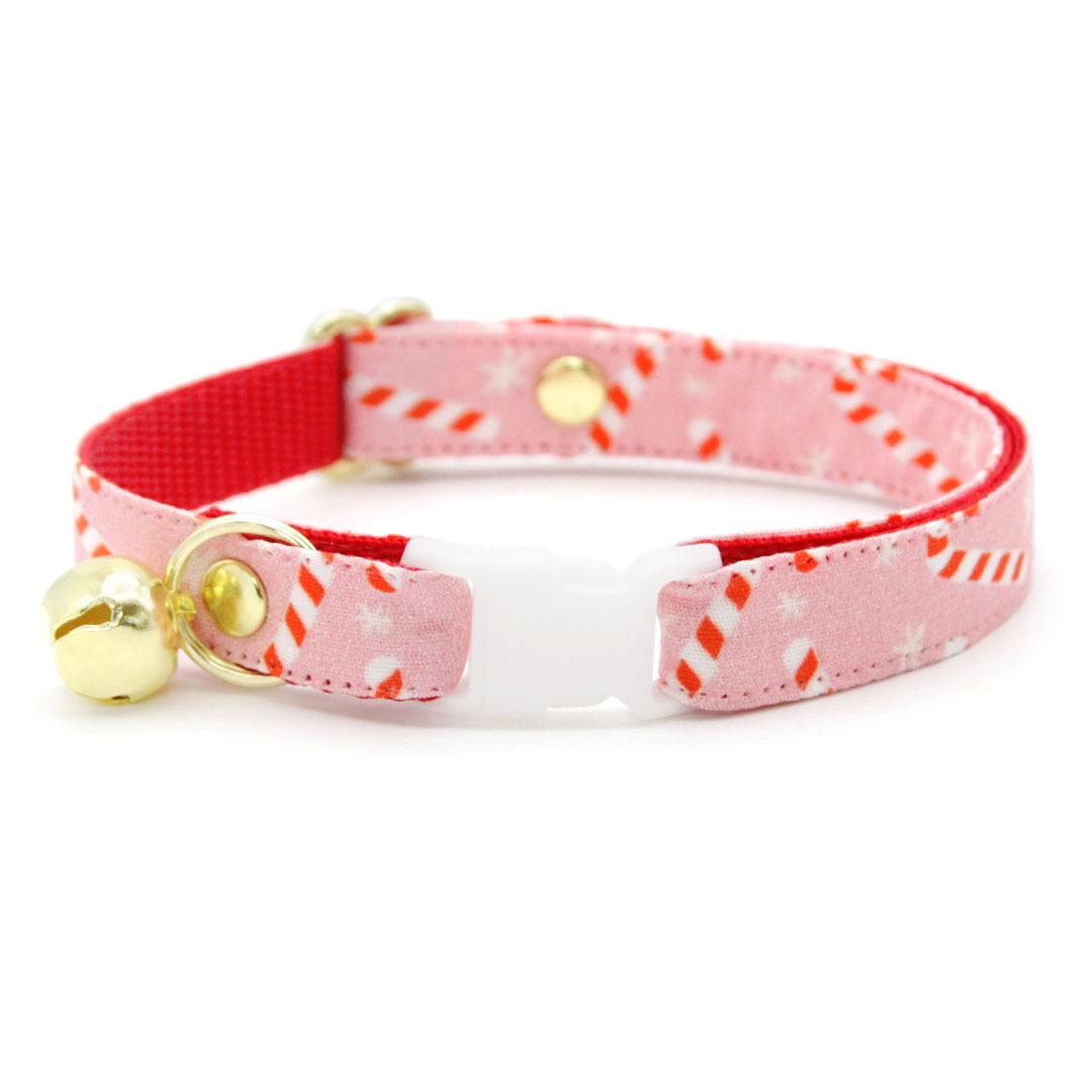 Cat Collar + Flower Set - "Candy Christmas" - Pink Candy Cane Cat Collar w/ Baby Pink Felt Flower (Detachable) / Cat, Kitten + Small Dog Sizes