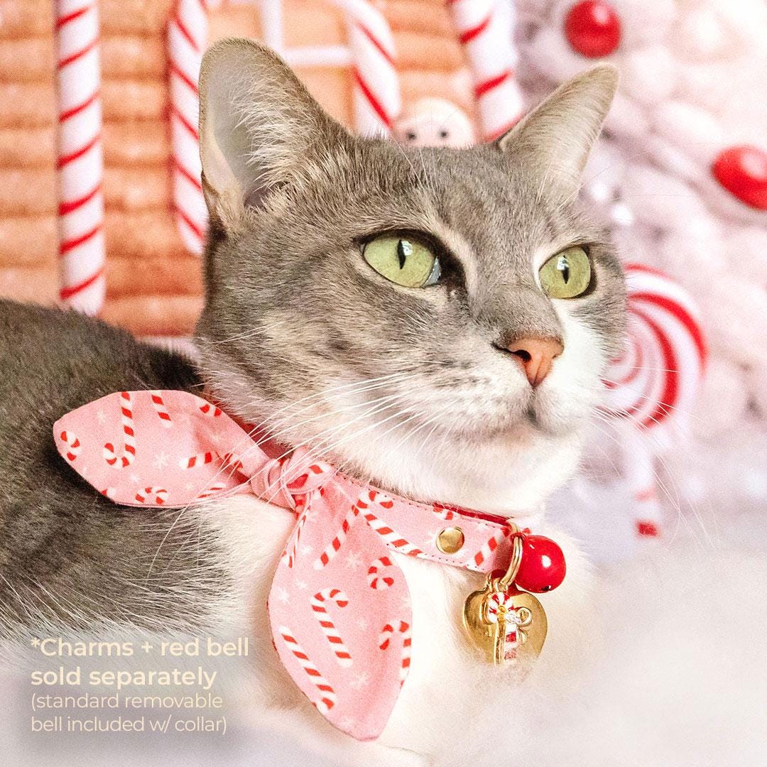 Cat Collar & Bunny Ear Bow Set - "Candy Christmas" - Pink Candy Cane Cat Collar w/ Matching Bunny Bow Tie / Girly Holiday / Cat, Kitten + Small Dog Sizes