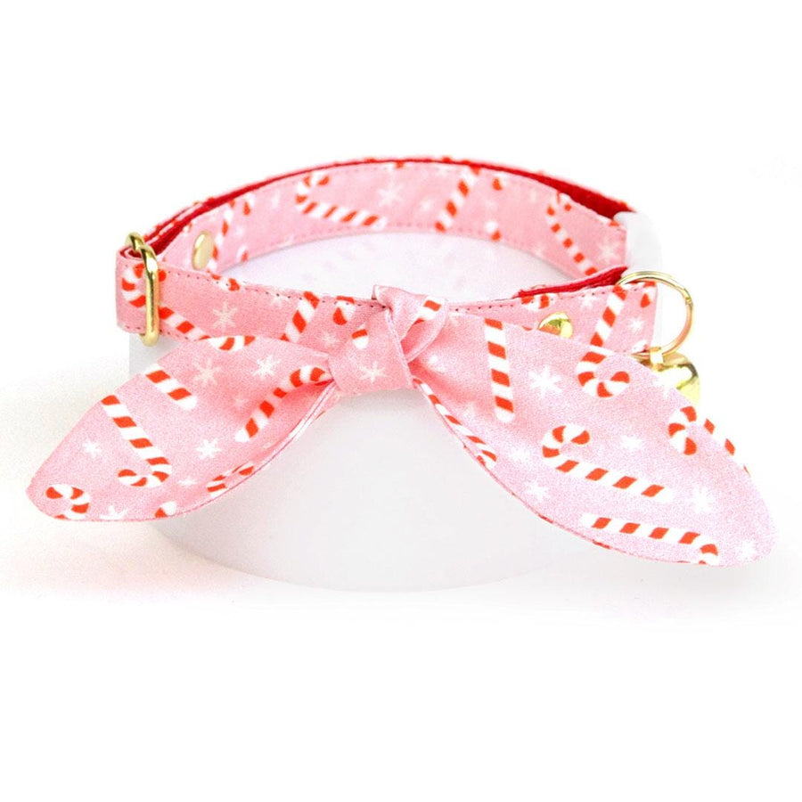 Cat Collar & Bunny Ear Bow Set - "Candy Christmas" - Pink Candy Cane Cat Collar w/ Matching Bunny Bow Tie / Girly Holiday / Cat, Kitten + Small Dog Sizes
