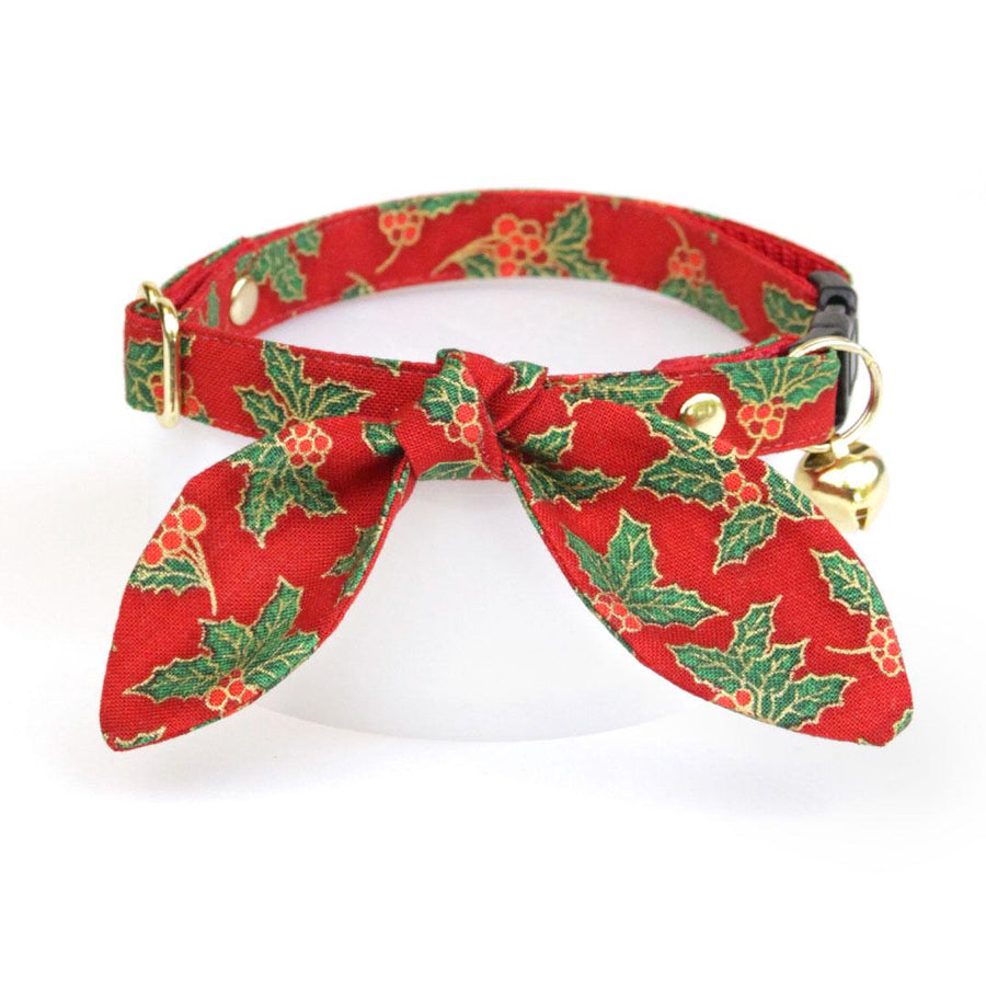 Cat Collar & Bunny Ear Bow Set - "Crimson Berry" - Red Holly Cat Collar w/ Matching Bunny Bow Tie / Christmas, Holiday / Cat, Kitten + Small Dog Sizes