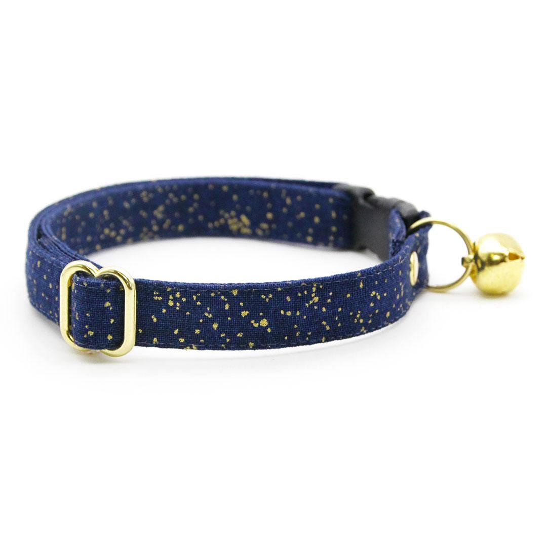 Cat Collar & Bunny Ear Bow Set - "Starry Night" - Blue & Gold Night Sky Cat Collar w/ Matching Bunny Bow Tie / Wedding, Winter, Solstice, Space, Stars, Hanukkah /  Cat, Kitten + Small Dog Sizes