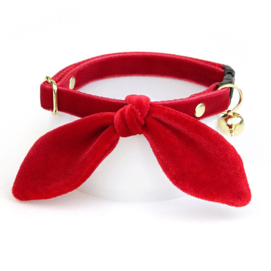 Cat Collar & Bunny Ear Bow Set - "Velvet - Garnet Red" - Red Velvet Cat Collar w/ Matching Bunny Bow Tie / Christmas, Holiday, Wedding + Birthday / Cat, Kitten + Small Dog Sizes