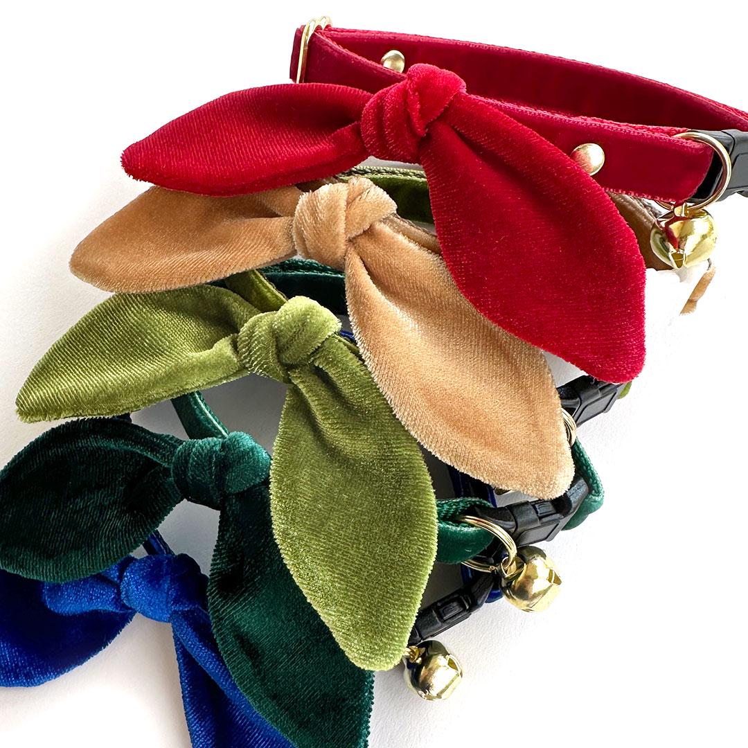 Cat Collar & Bunny Ear Bow Set - "Velvet - Leaf Green" - Chartreuse Green Velvet Cat Collar w/ Matching Bunny Bow Tie / Fall, Holiday, Wedding + Birthday / Cat, Kitten + Small Dog Sizes