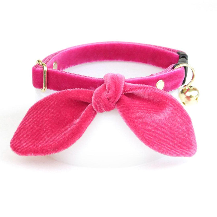 Cat Collar & Bunny Ear Bow Set - "Velvet - Azalea" - Vibrant Magenta Pink Velvet Cat Collar w/ Matching Bunny Bow Tie / Wedding + Birthday / Cat, Kitten + Small Dog Sizes
