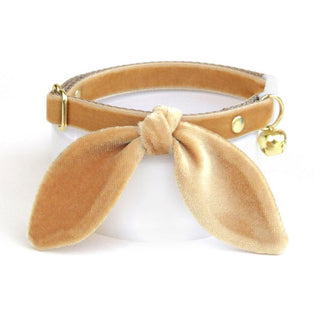 Cat Collar & Bunny Ear Bow Set - "Velvet - Caramel" - Light Toffee Brown / Gold Velvet Cat Collar w/ Matching Bunny Bow Tie / Wedding + Birthday / Cat, Kitten + Small Dog Sizes - Kitten (6-10) / Breakaway / Gold