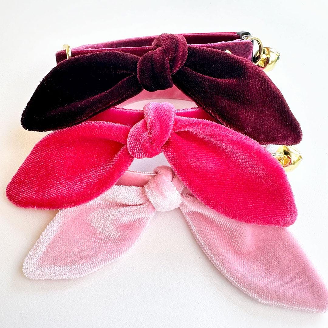 Cat Collar & Bunny Ear Bow Set - "Velvet - Merlot" - Burgundy Wine Velvet Cat Collar w/ Matching Bunny Bow Tie / Wedding + Birthday / Cat, Kitten + Small Dog Sizes