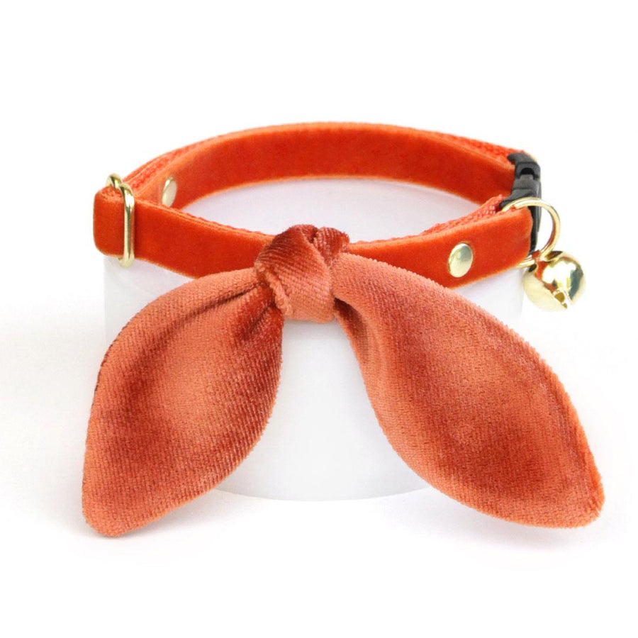 Cat Collar & Bunny Ear Bow Set - "Velvet - Roasted Pumpkin" - Copper Burnt Orange Velvet Cat Collar w/ Matching Bunny Bow Tie / Fall, Wedding + Birthday / Cat, Kitten + Small Dog Sizes