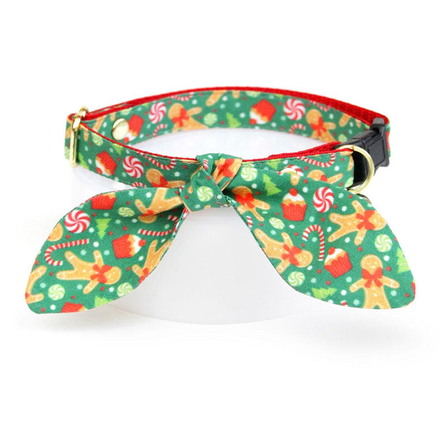Cat Collar & Bunny Ear Bow Set - "Christmas Treats - Green" - Holiday Gingerbread Cat Collar w/ Matching Bunny Bow Tie / Cat, Kitten + Small Dog Sizes