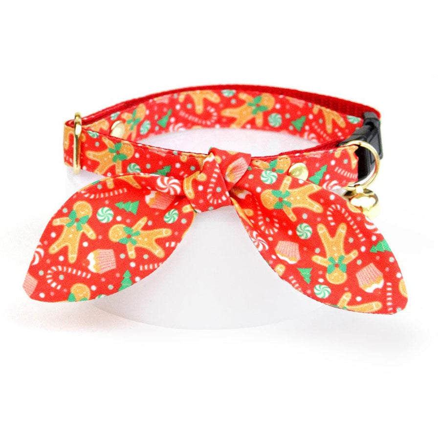 Cat Collar & Bunny Ear Bow Set - "Christmas Treats - Red" - Holiday Gingerbread Cat Collar w/ Matching Bunny Bow Tie / Cat, Kitten + Small Dog Sizes