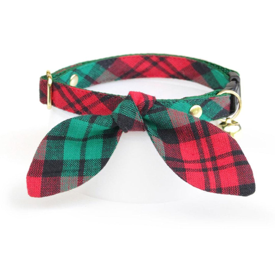 Cat Collar & Bunny Ear Bow Set - "Fireside" - Rustic Red & Green Holiday Plaid Cat Collar w/ Matching Bunny Bow Tie / Christmas / Cat, Kitten + Small Dog Sizes