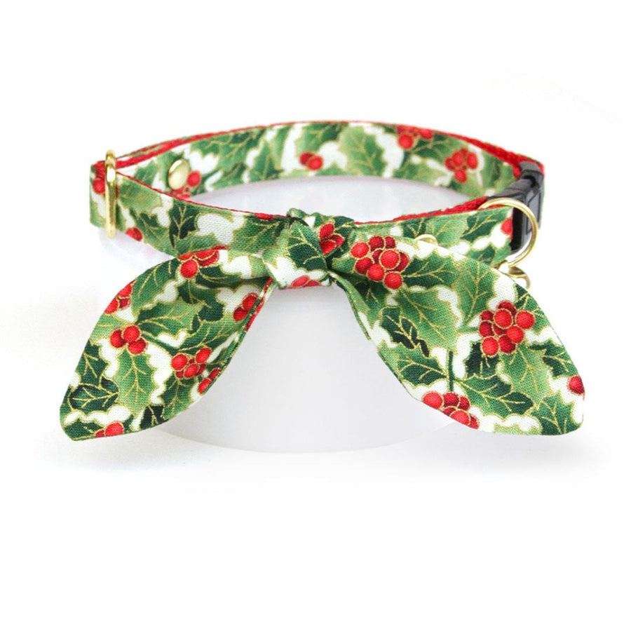 Cat Collar & Bunny Ear Bow Set - "Holiday Holly" - Green Garlands & Red Berries Cat Collar w/ Matching Bunny Bow Tie / Christmas / Cat, Kitten + Small Dog Sizes