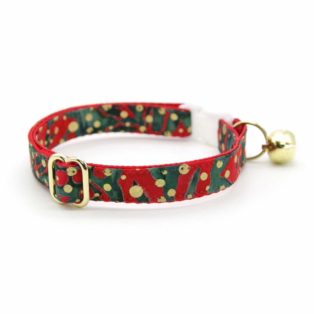 Cat Collar & Bunny Ear Bow Set - "Joy" - Gold Metallic Dots on Green & Red Holiday Cat Collar w/ Matching Bunny Bow Tie / Christmas / Cat, Kitten + Small Dog Sizes
