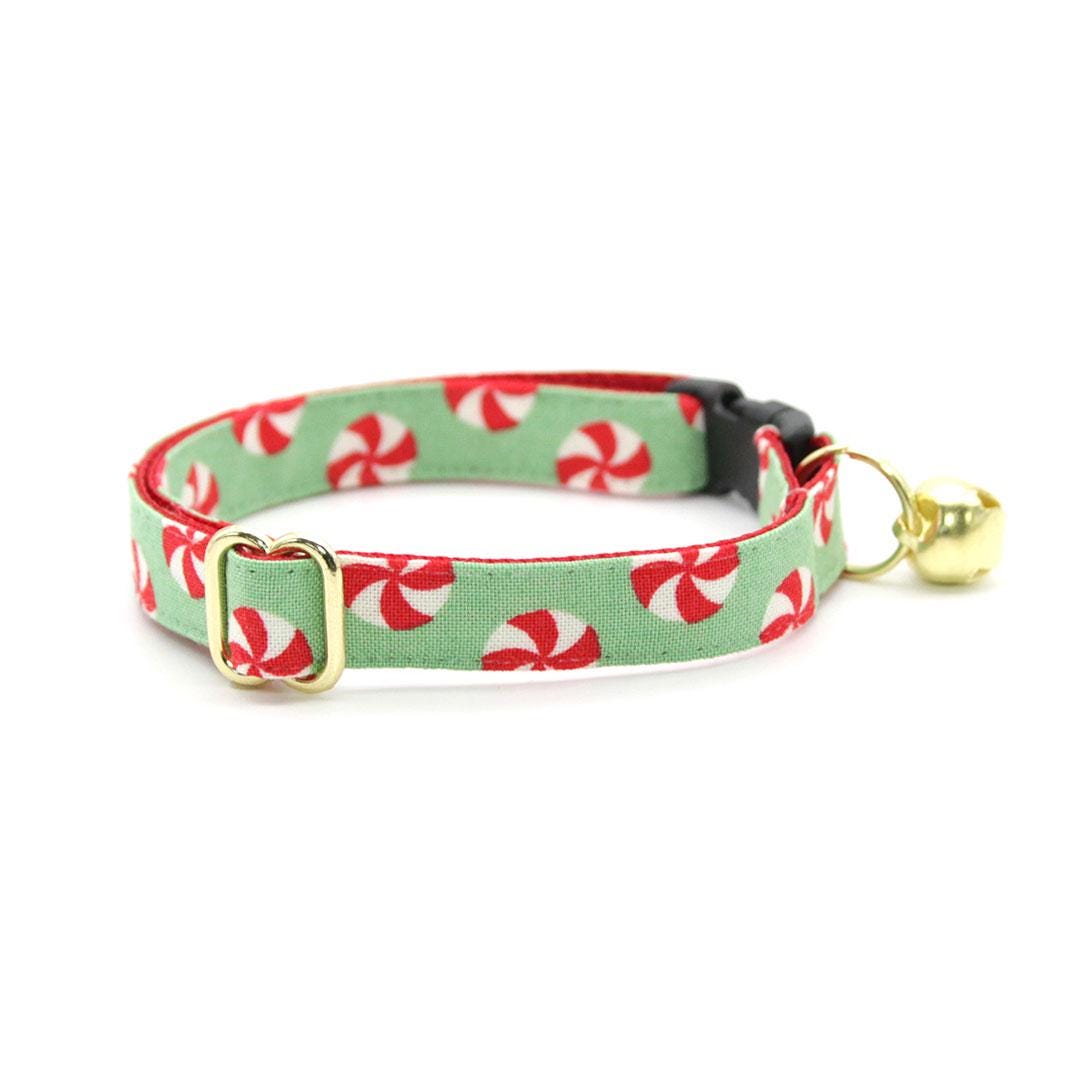 Cat Collar & Bunny Ear Bow Set - "Peppermint Twist" - Christmas Red & Green Holiday Cat Collar w/ Matching Bunny Bow Tie / Cat, Kitten + Small Dog Sizes