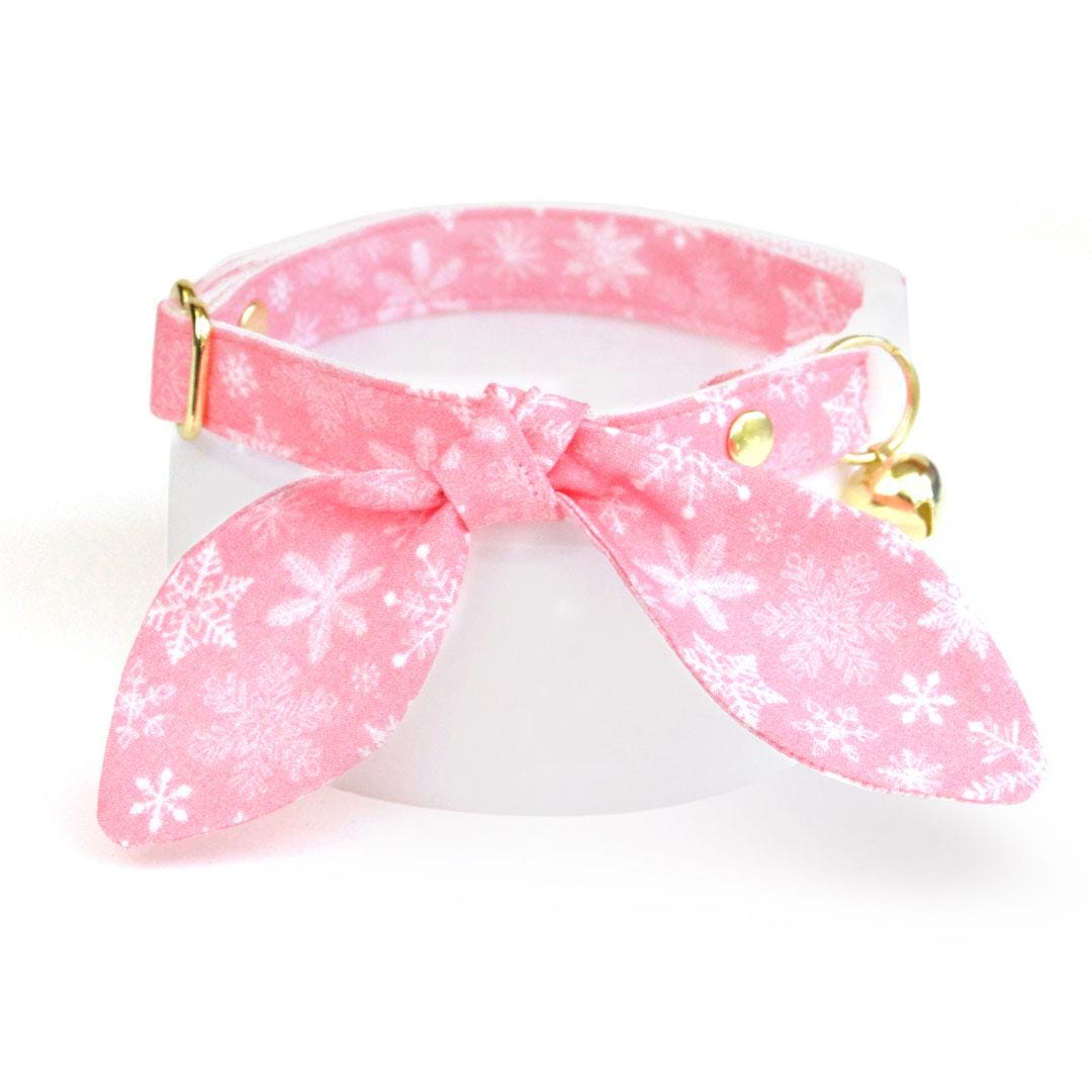 BACKORDER 12/16 - Cat Collar & Bunny Ear Bow Set - "Snowflakes - Sugar Pink" - Snow Pink Winter Cat Collar w/ Matching Bunny Bow Tie / Christmas Holiday / Cat, Kitten + Small Dog Sizes