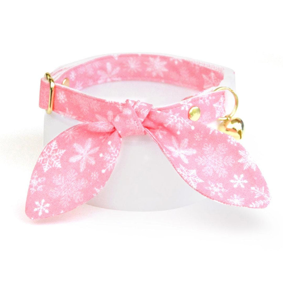 Cat Collar & Bunny Ear Bow Set - "Snowflakes - Sugar Pink" - Snow Pink Winter Cat Collar w/ Matching Bunny Bow Tie / Christmas Holiday / Cat, Kitten + Small Dog Sizes