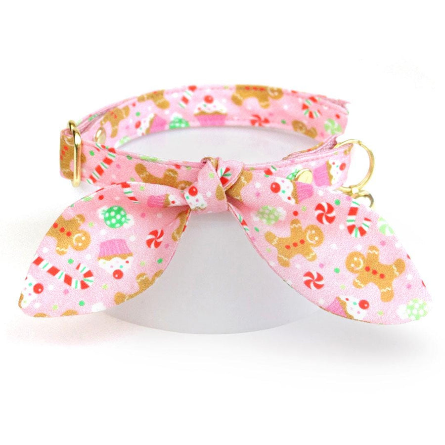 Cat Collar & Bunny Ear Bow Set - "Sugar & Spice" - Pink Candy Gingerbread Holiday Cat Collar w/ Matching Bunny Bow Tie / Christmas / Cat, Kitten + Small Dog Sizes
