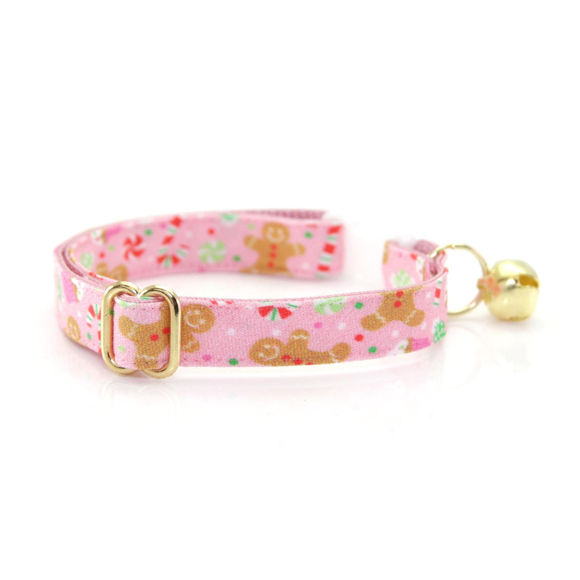 Cat Collar & Bunny Ear Bow Set - "Sugar & Spice" - Pink Candy Gingerbread Holiday Cat Collar w/ Matching Bunny Bow Tie / Christmas / Cat, Kitten + Small Dog Sizes