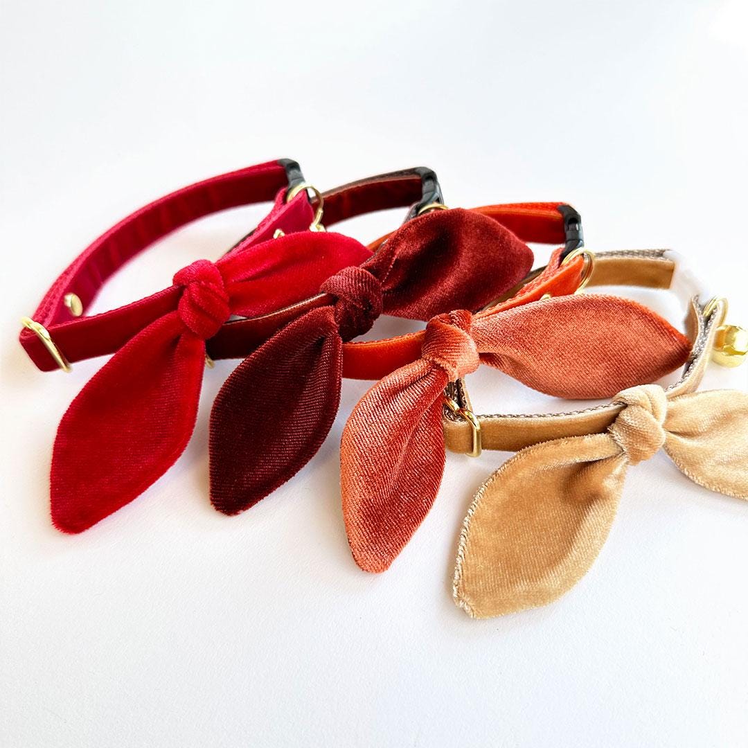 Cat Collar & Bunny Ear Bow Set - "Velvet - Caramel" - Light Toffee Brown / Gold Velvet Cat Collar w/ Matching Bunny Bow Tie / Wedding + Birthday / Cat, Kitten + Small Dog Sizes