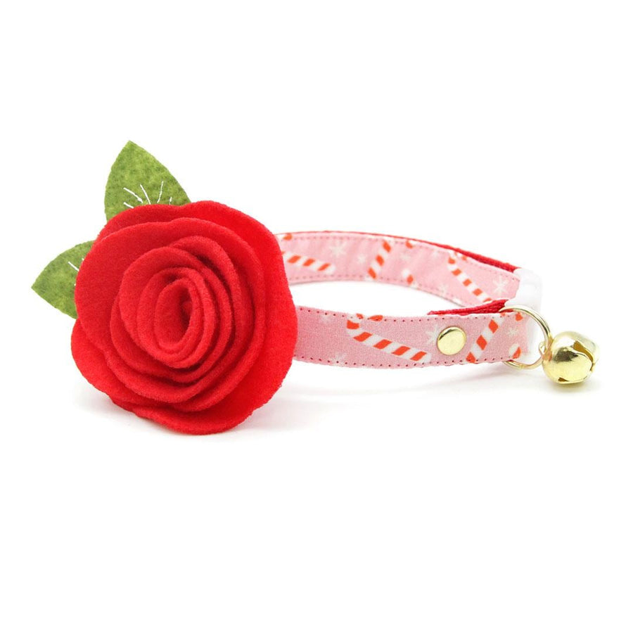 Cat Collar + Flower Set - "Candy Christmas" - Pink Candy Cane Cat Collar w/ Scarlet Red Felt Flower (Detachable) / Cat, Kitten + Small Dog Sizes
